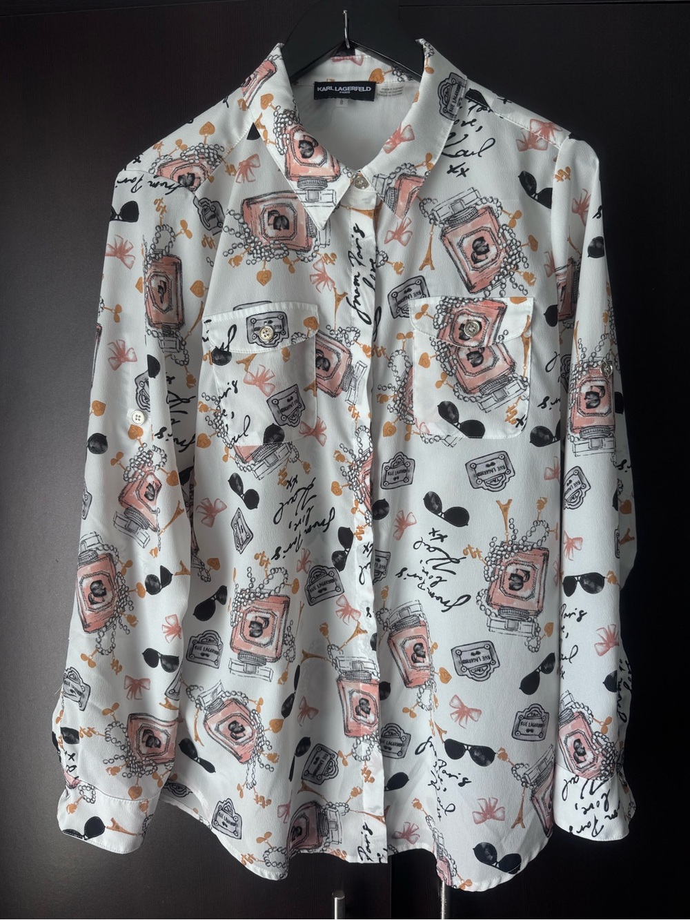 Karl Lagerfeld Paris Blouse with Graphic Perfume and Accessory motif
